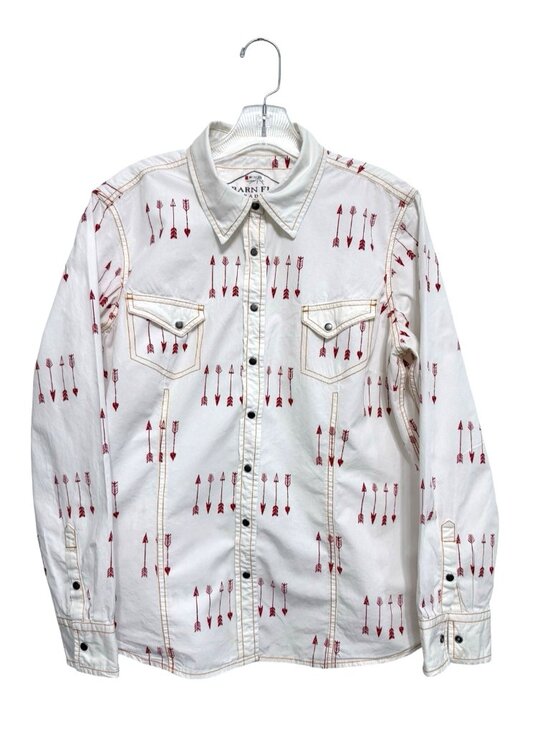 Barn Fly Tops - Barn Fly Shirt Womens XL White Red Arrow Print Snap Western Cowgirl Yellowstone